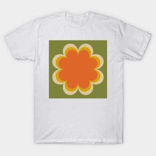 Green, orange, yellow, Linen textured scandi flower T-Shirt